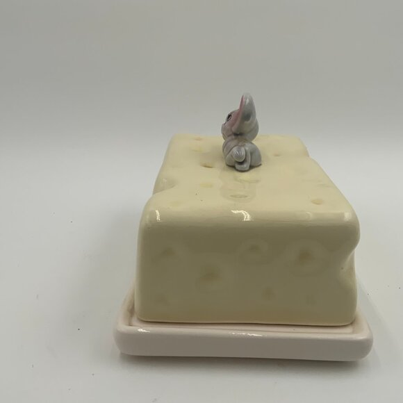 Vintage Swiss Cheese Keeper Lid & Tray Kitschy Gray Mouse on Top Cheese Japan - Picture 9 of 12